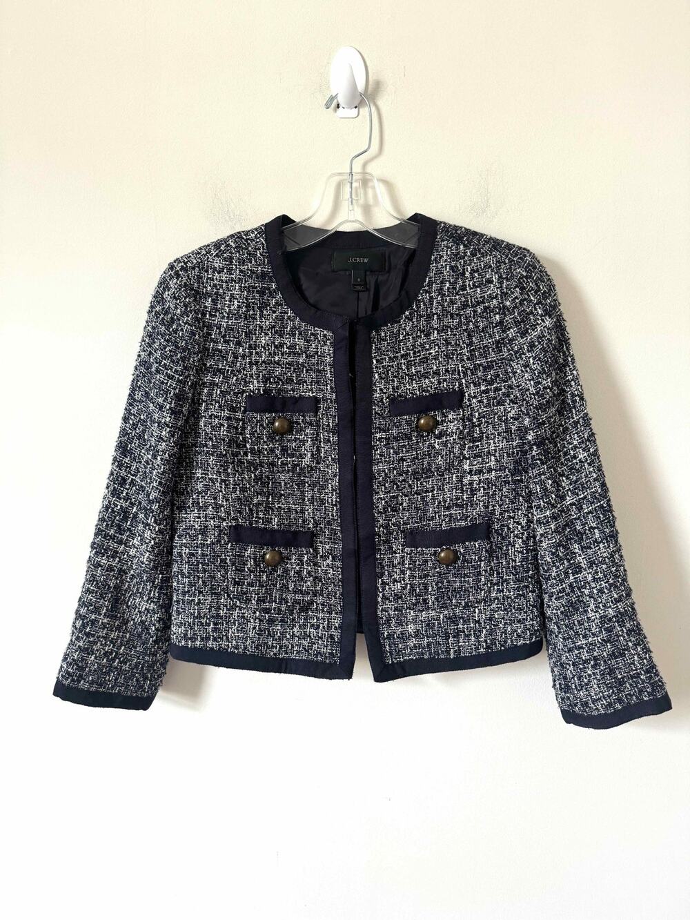 J. Crew Tweed Chanel Style Antique Brass Buttons Blazer Jacket Navy Blue Size 0